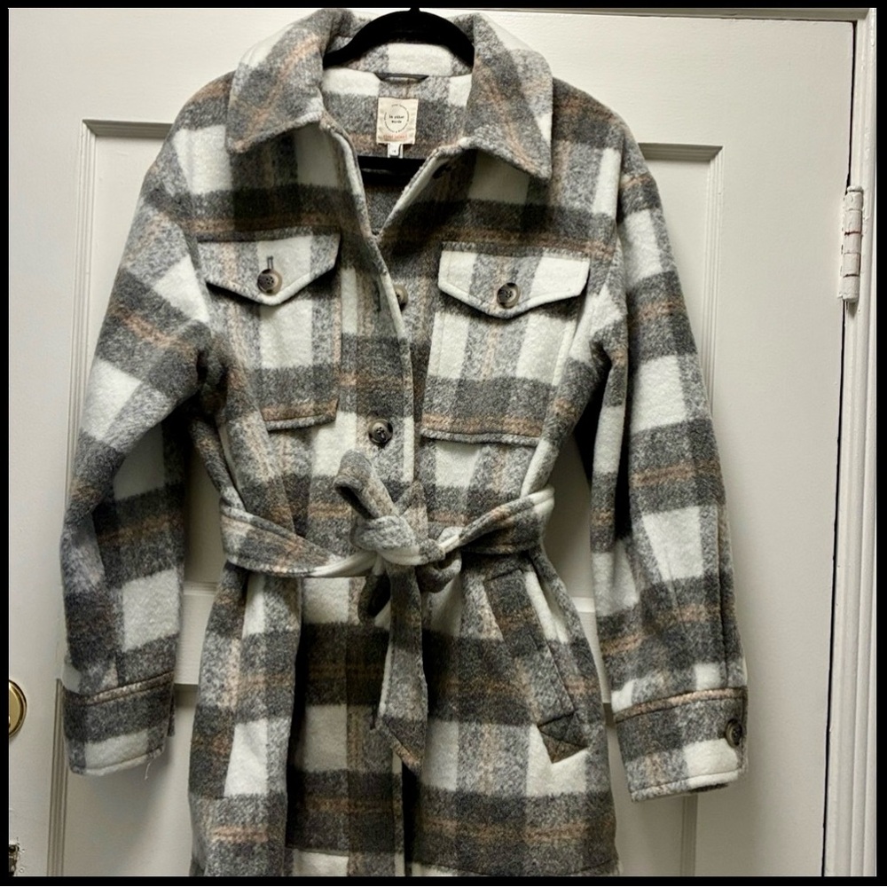 Classic Gray Plaid Belted Coat